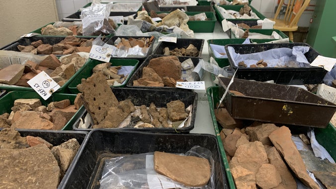Trays laid out with finds from A la Ronde's 2023 archaeological dig, A la Ronde House and gardens, Devon